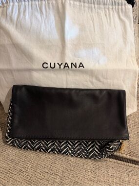 Cuyana Raffia Foldover Clutch Black Leather Herringbone Pouch w/ Dust Bag New!